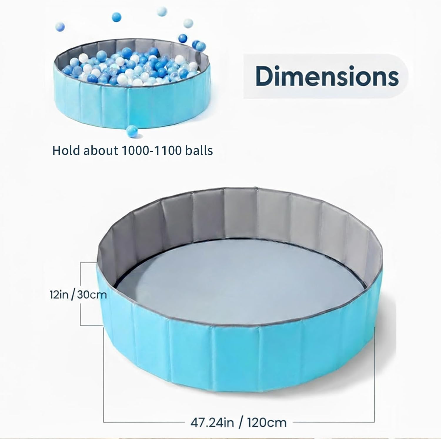 Collapsible blue ball pit with dimensions and capacity information on a white background at Pet Servo