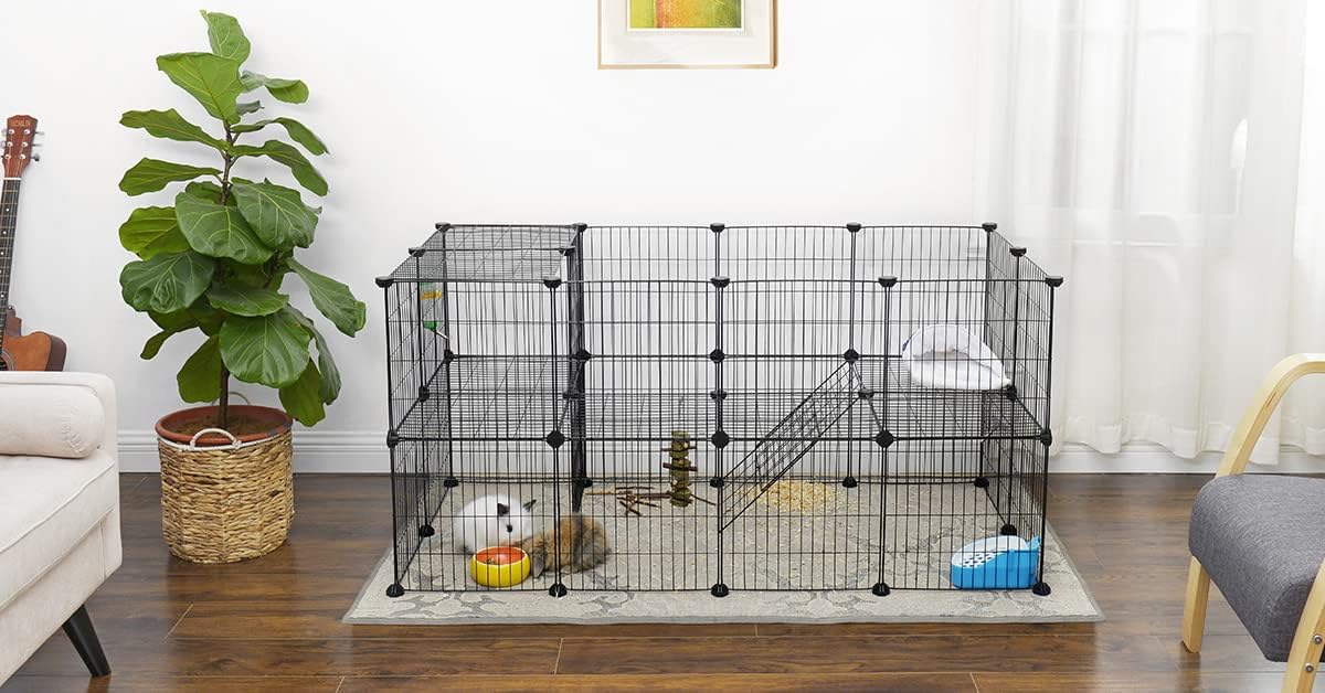 Pet cage with a small animal inside in a living room setting at Pet Servo