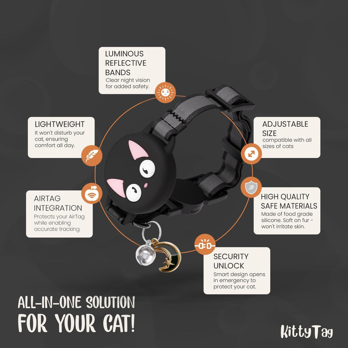 Cat collar with features highlighted on a dark background at Pet Servo