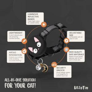 Cat collar with features highlighted on a dark background at Pet Servo
