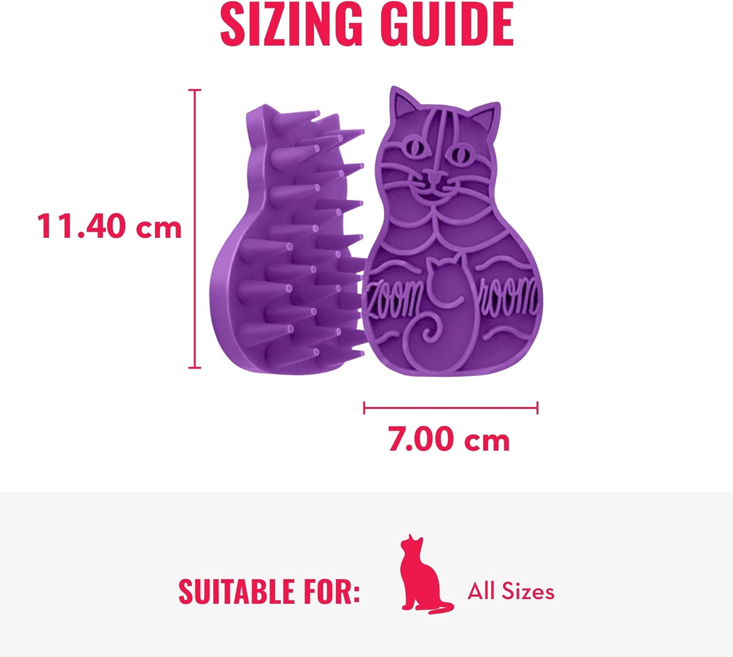 A purple cat grooming brush and matching cat-shaped stamp shown on a white background with red measurement labels reading 11.40 cm height and 7 at Pet Servo