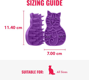 A purple cat grooming brush and matching cat-shaped stamp shown on a white background with red measurement labels reading 11.40 cm height and 7 at Pet Servo