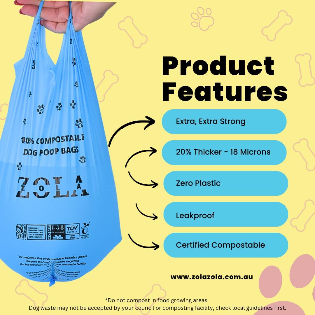 Blue dog poop bag with Zola branding on a yellow background with product features listed at Pet Servo