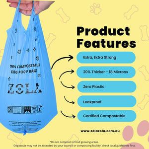 Blue dog poop bag with Zola branding on a yellow background with product features listed at Pet Servo