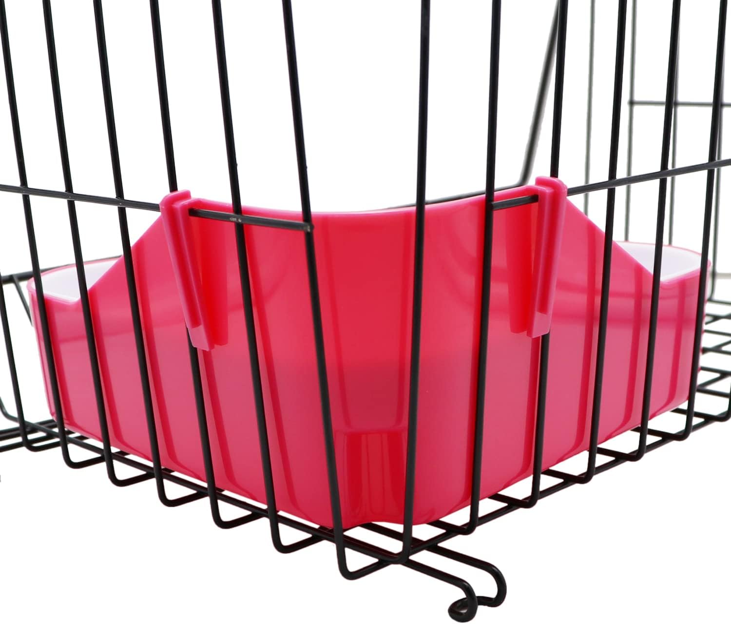 Red plastic bird feeder attached to a black wire birdcage at Pet Servo