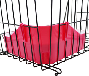Red plastic bird feeder attached to a black wire birdcage at Pet Servo