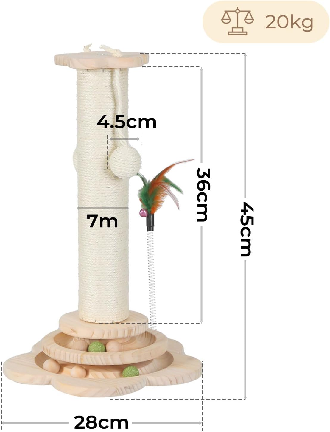 Cat climbing tree with measurements and weight capacity on a white background at Pet Servo