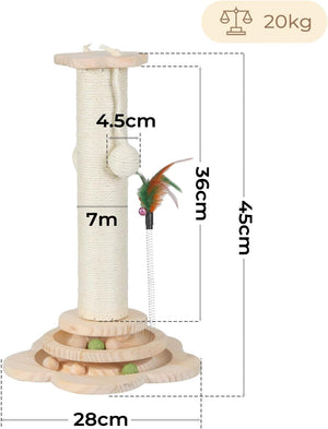 Cat climbing tree with measurements and weight capacity on a white background at Pet Servo