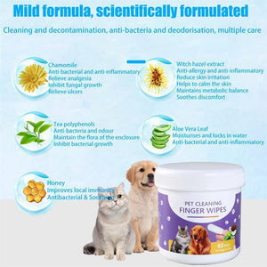 Pet cleaning finger wipes jar shown on a light blue infographic background with text listing ingredients and benefits, plus photos of a dog and cat at the bottom at Pet Servo