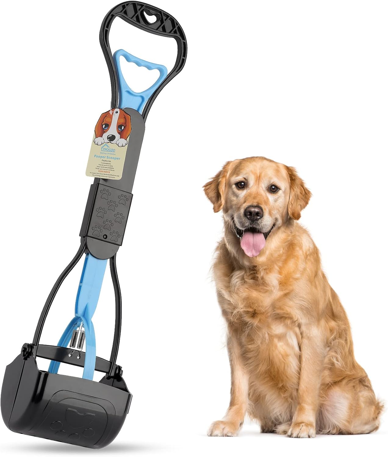 Dog waste picker with a dog sitting next to it on a white background at Pet Servo