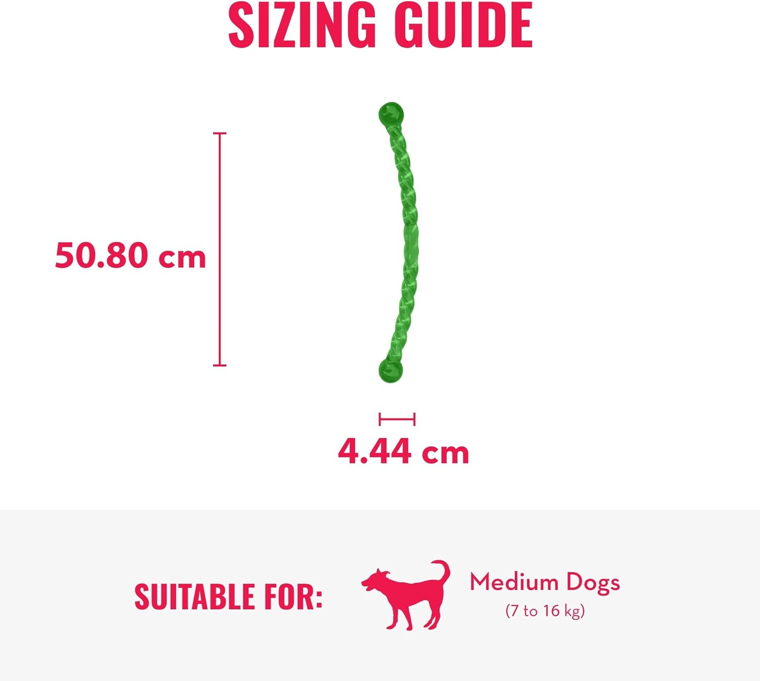 Sizing guide for a green dog toy with measurements and suitability for medium dogs at Pet Servo