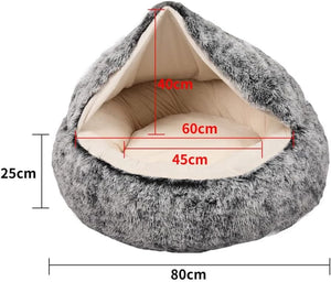 Gray pet bed with dimensions marked on a white background at Pet Servo
