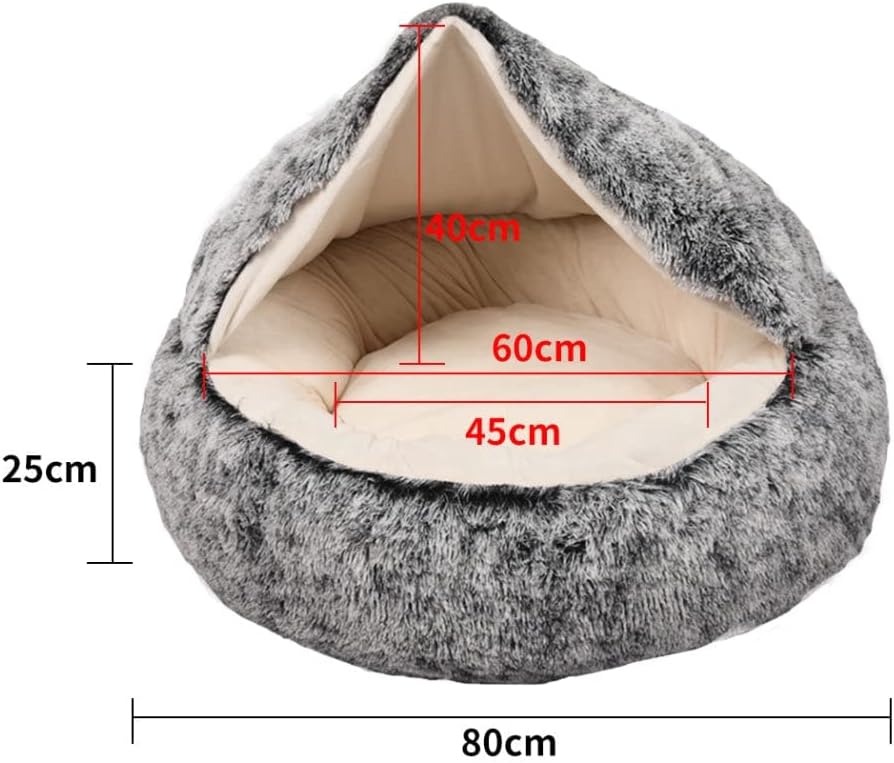 Gray pet bed with dimensions marked on a white background at Pet Servo