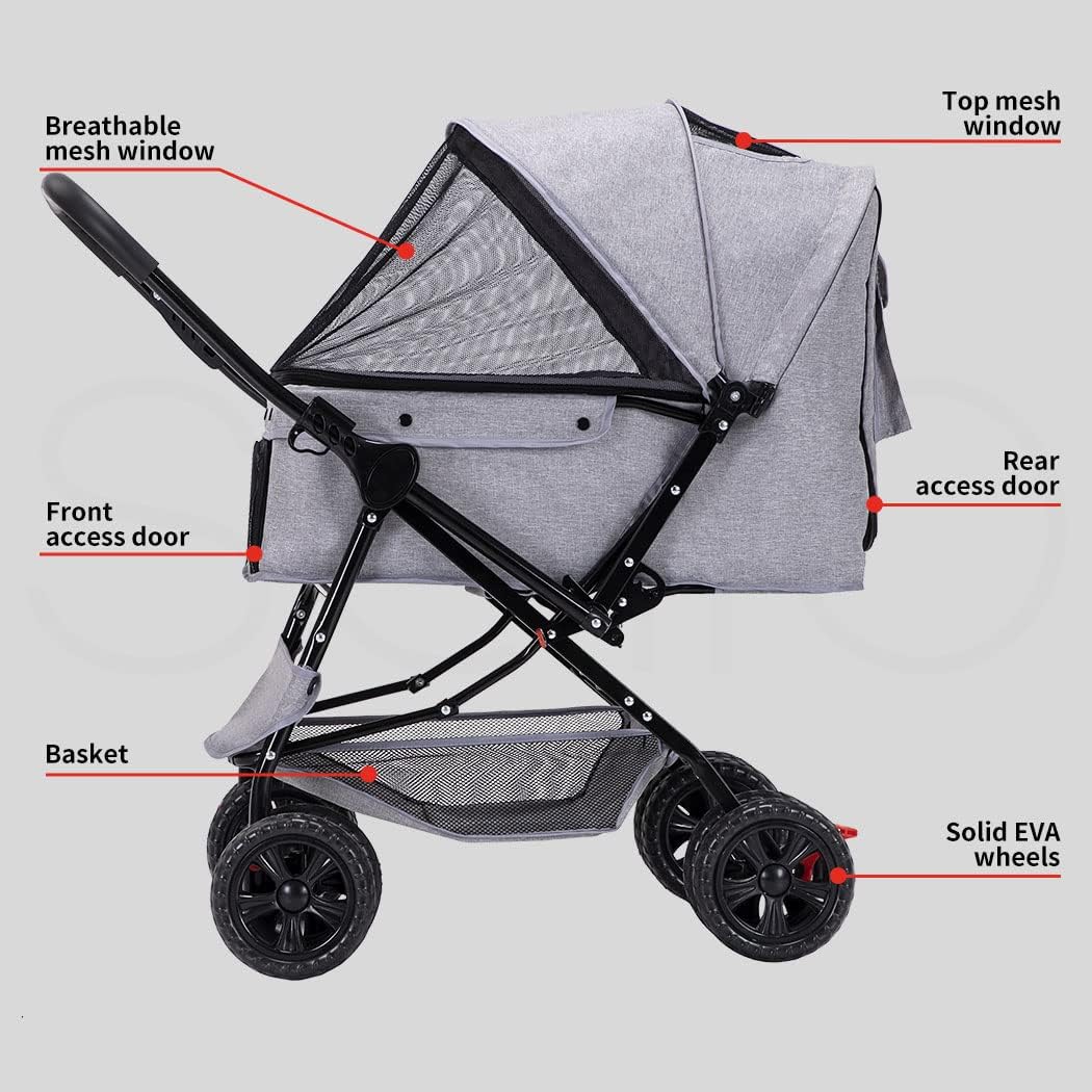 A light gray and black pet stroller with labeled callouts pointing to features such as the breathable mesh window, top mesh window, front access door, rear access door, basket, and solid EVA wheels, shown on a plain light gray background at Pet Servo