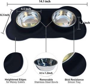 Pet feeding station with black tray, stainless steel bowls, and measurements at Pet Servo