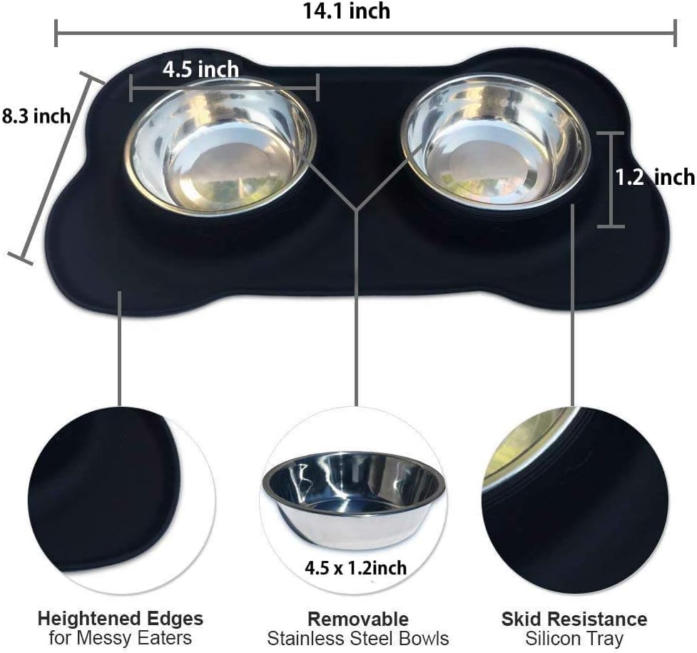 Pet feeding station with black tray, stainless steel bowls, and measurements at Pet Servo