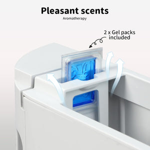 Aromatherapy diffuser with blue gel packs and text indicating pleasant scents and included gel packs at Pet Servo