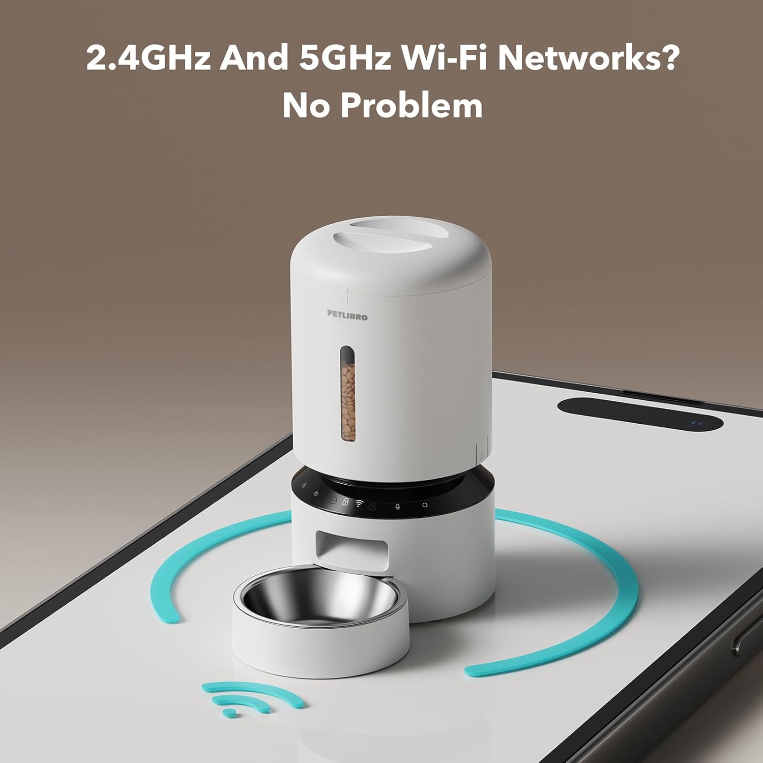 White pet feeder with a smartphone displaying Wi-Fi network options on a gray background