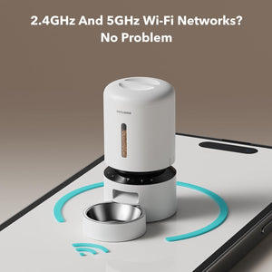 White pet feeder with a smartphone displaying Wi-Fi network options on a gray background