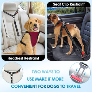 Two dogs using seat clip and headrest restraints in a car, with text indicating two ways to use them for dog travel at Pet Servo