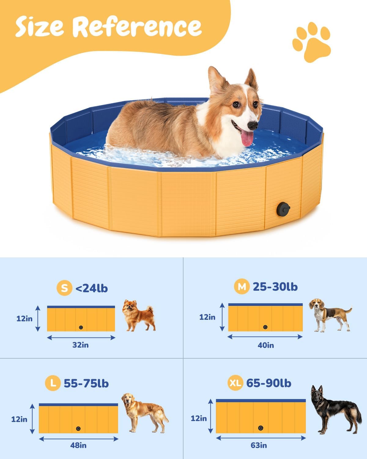 Dog playing in a blue and orange inflatable pool with size reference chart below at Pet Servo