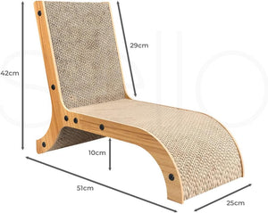 A cat scratcher chair with dimension annotations showing its height, width, and depth measurements on a white background at Pet Servo