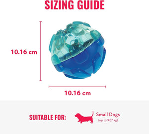 A blue and translucent teal ball toy shown with measurement lines and text reading 10.16 cm width and 10 at Pet Servo