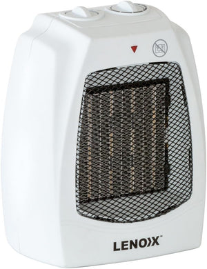 White LENOXX portable electric heater with a black mesh front grille and two white dial controls on top, shown on a plain white background.