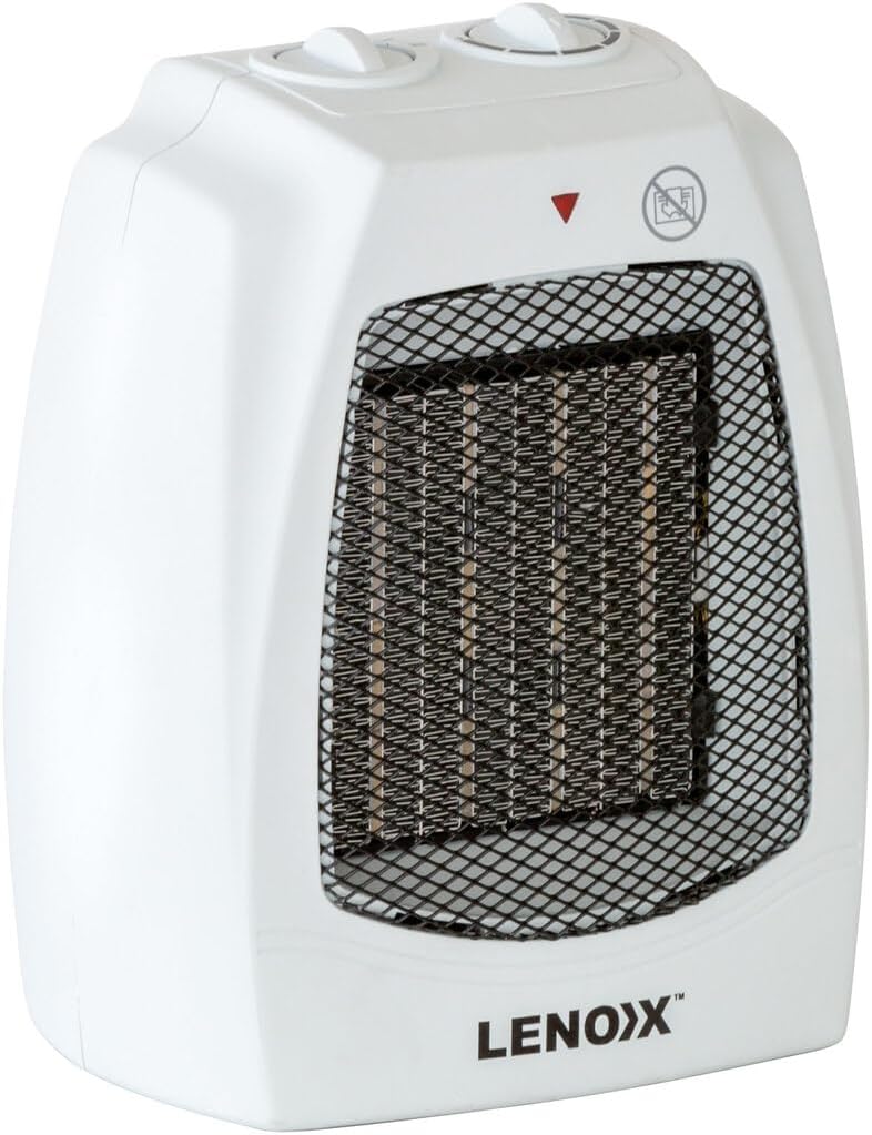 White LENOXX portable electric heater with a black mesh front grille and two white dial controls on top, shown on a plain white background.