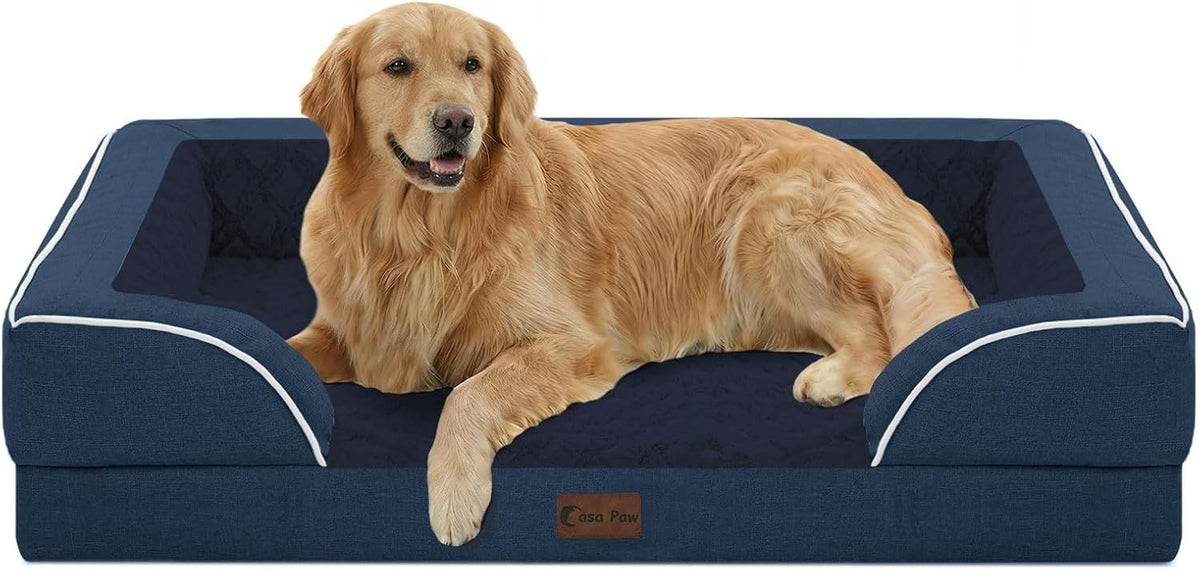 Dog lying on a blue pet bed with white trim at Pet Servo