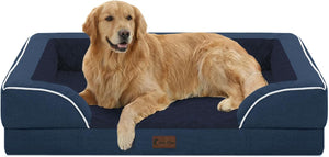 Dog lying on a blue pet bed with white trim at Pet Servo