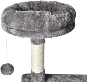 Gray plush cat tree with a scratching post wrapped in sisal rope and a hanging toy ball, shown on a white background at Pet Servo