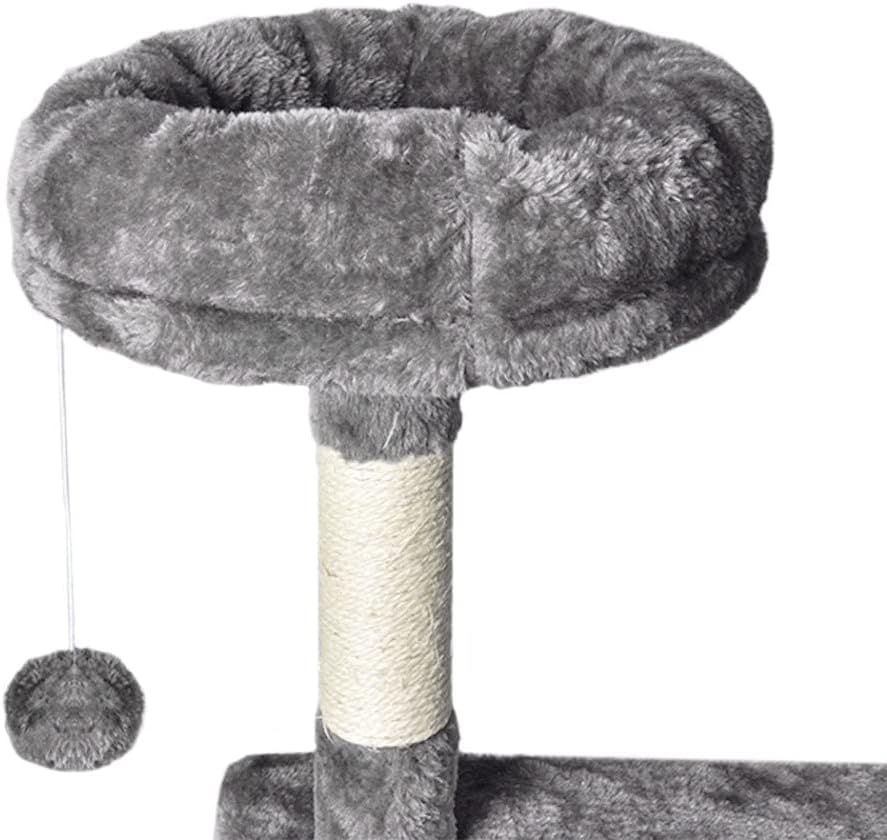 Gray plush cat tree with a scratching post wrapped in sisal rope and a hanging toy ball, shown on a white background at Pet Servo