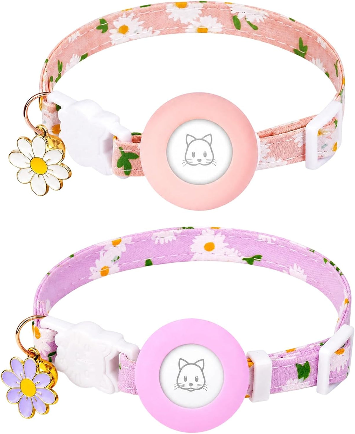 Two pet collars shown on a white background: a pink floral collar with a white flower charm and a pink circular tracker, and a lavender floral collar with a purple flower charm and a pink circular tracker at Pet Servo
