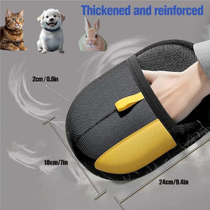 Black and yellow slipper with measurements and insets of a cat, dog, and rabbit on a gray background at Pet Servo