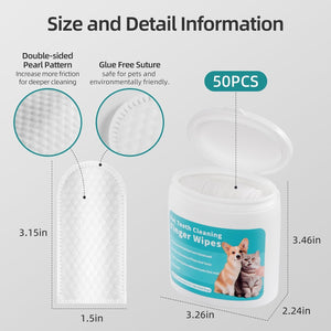 Pet tooth cleaning finger wipes with dimensions and features highlighted on a white background at Pet Servo