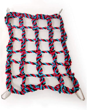 Colorful rope grid with metal hooks on a white background at Pet Servo