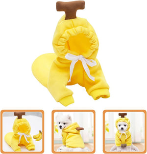 Yellow dog costume shaped like a banana with a white dog wearing it on a white background at Pet Servo