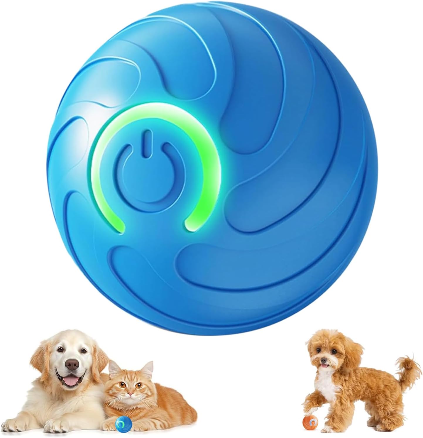 Blue and green spinning toy with power symbol, surrounded by two dogs and a cat on a white background at Pet Servo