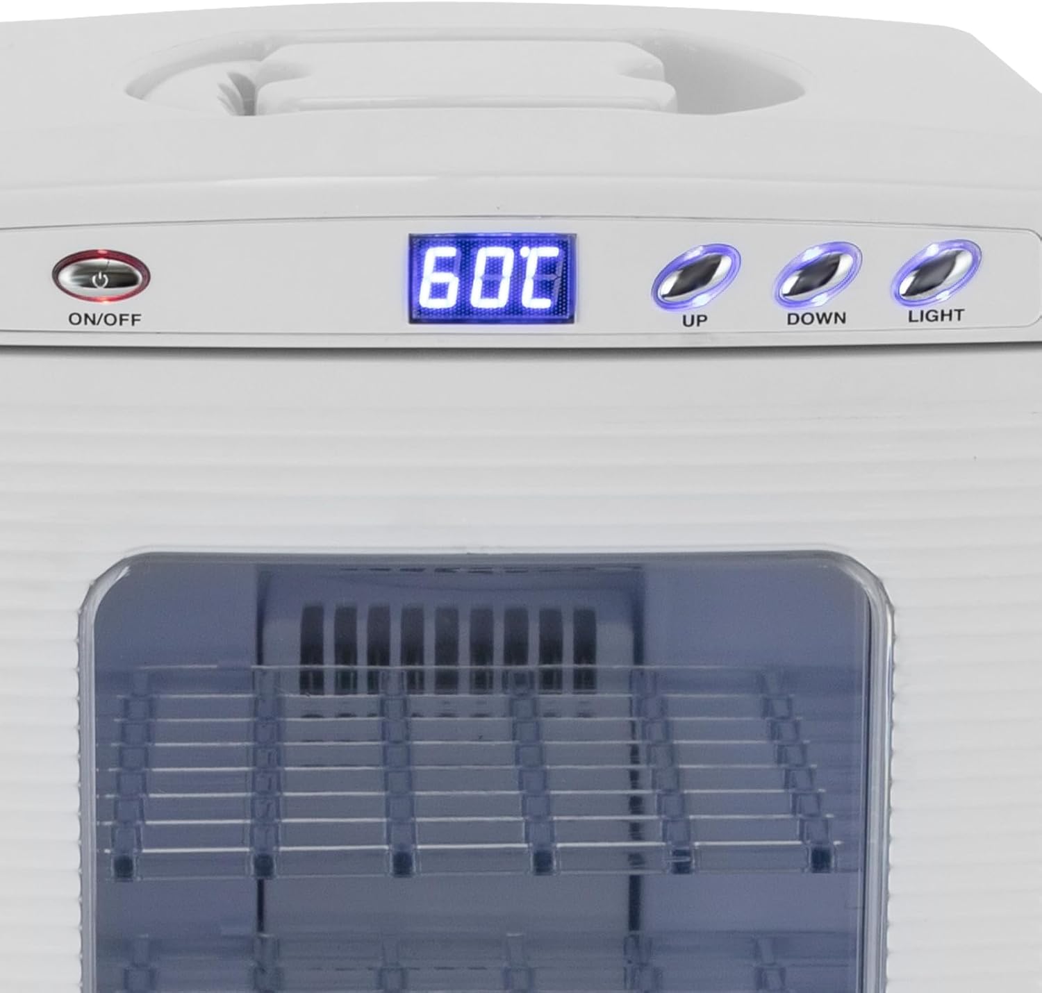 White countertop electric dehydrator with a digital temperature display showing 60C and three control buttons labeled UP, DOWN, and LIGHT, with a clear front door revealing wire racks inside.