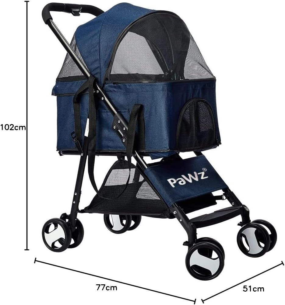 A navy-blue pet stroller with mesh windows and black frame, shown with dimension lines indicating height of 102cm, width of 77cm, and depth of 51cm. The brand name 'PaWz' is visible on the base at Pet Servo