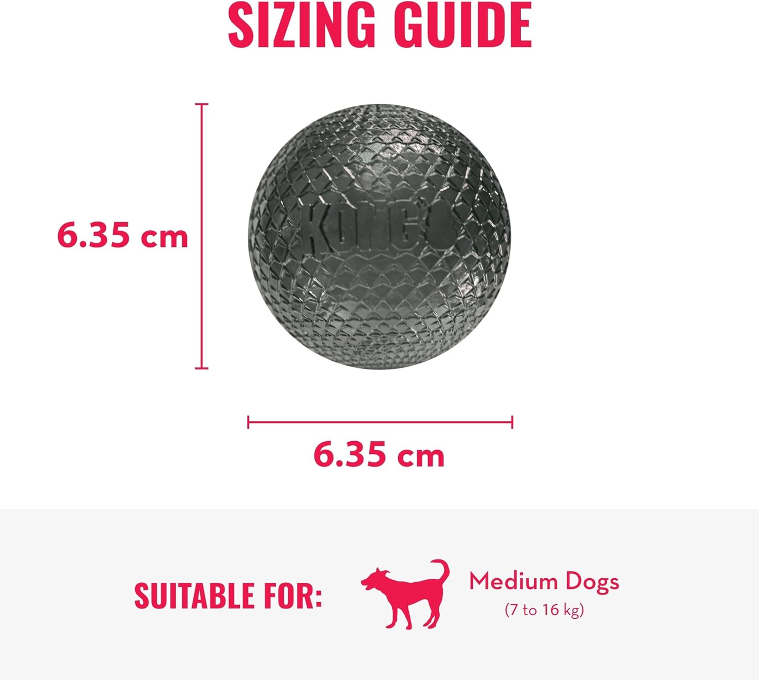 A sizing guide graphic for a KONG dog toy ball, showing a dark gray textured rubber ball with dimensions of 6.35 cm in height and width at Pet Servo