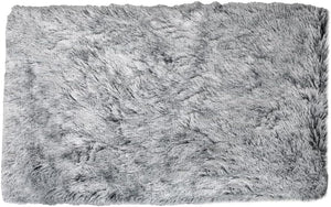 A rectangular shaggy faux fur rug in a light gray color, shown from a top-down view against a white background at Pet Servo
