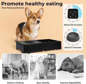 A promotional graphic for a slow-feed puzzle dog bowl. A tan and white Corgi is shown standing behind a black dual-compartment slow feeder bowl on a beige background at Pet Servo