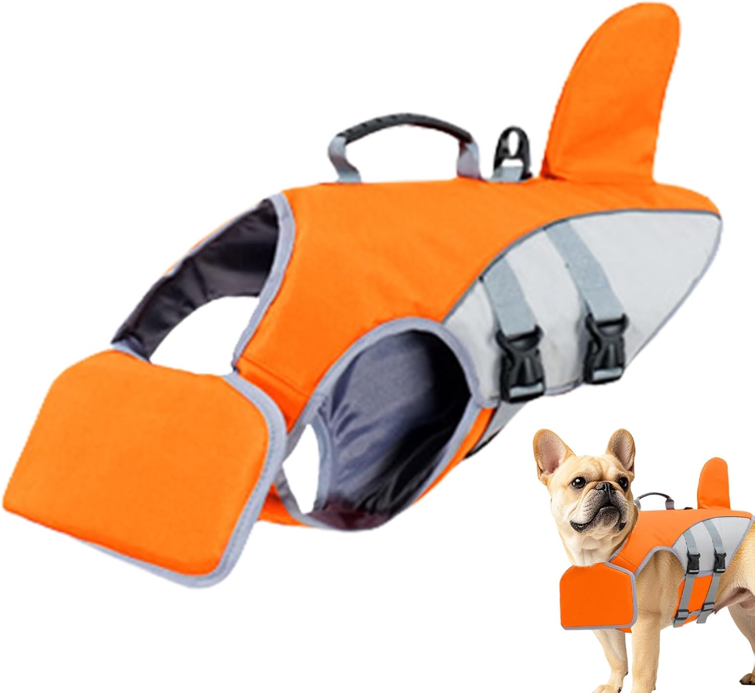 Orange dog life jacket with gray accents on a white background at Pet Servo