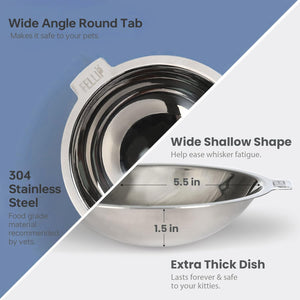 Stainless steel pet bowls with features highlighted on a blue and white background at Pet Servo