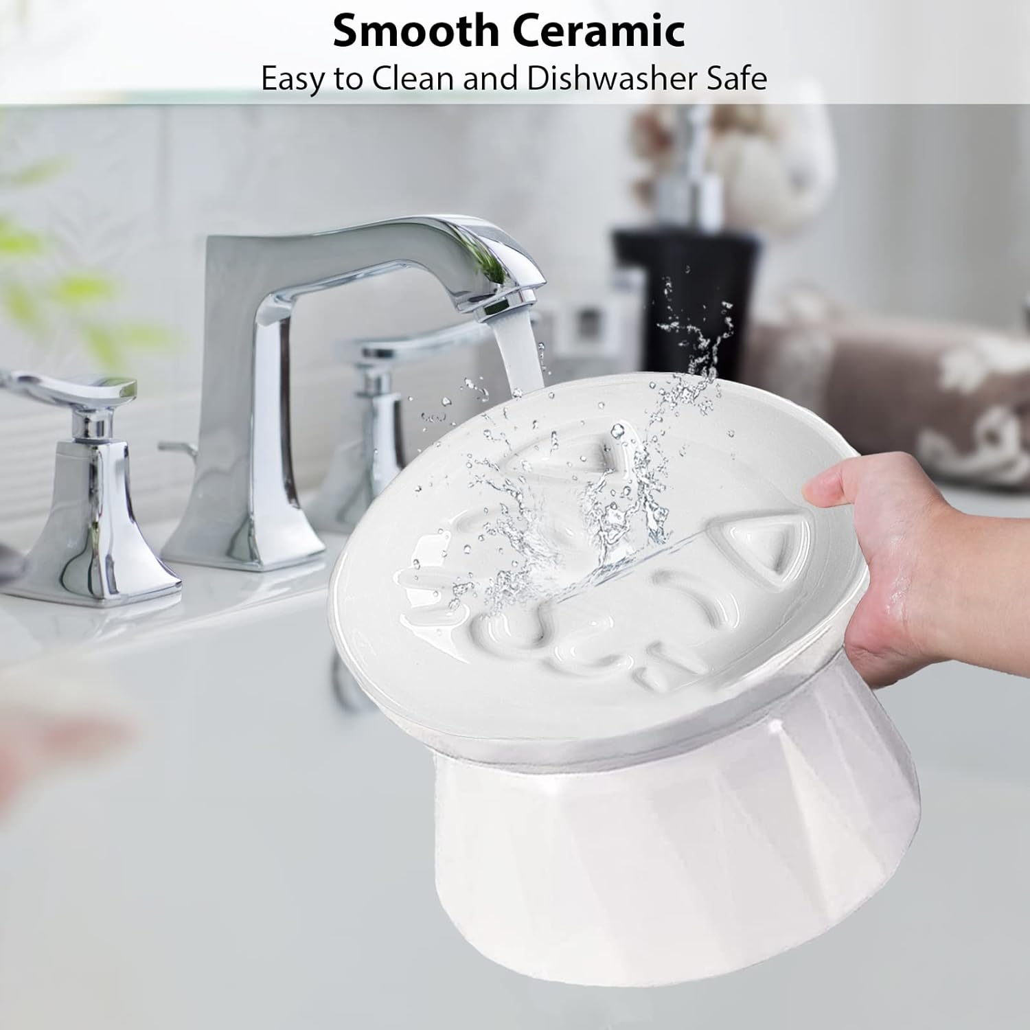 White ceramic dish drainer with water splashing out, placed on a bathroom counter at Pet Servo