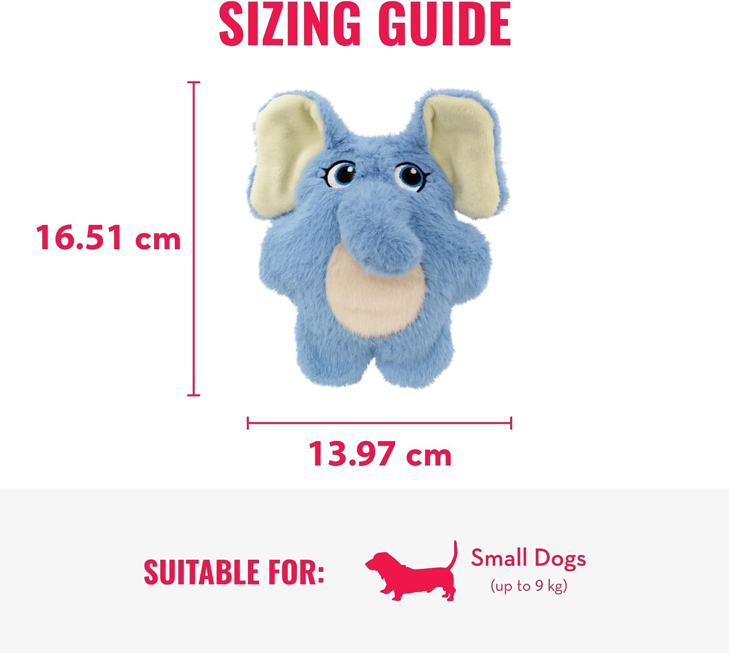 Sizing guide for a blue plush elephant toy with dimensions and suitability for small dogs at Pet Servo