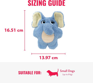 Sizing guide for a blue plush elephant toy with dimensions and suitability for small dogs at Pet Servo