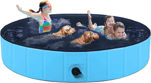 Children and dogs playing in a blue inflatable pool at Pet Servo